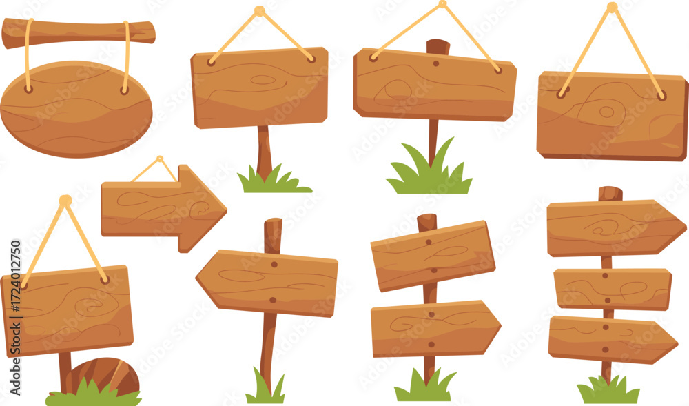Naklejka premium Set of ten wooden signboards with rustic textures, posts, ropes, and grassy bases, symbolizing outdoor signage, UI elements, and nature-themed design