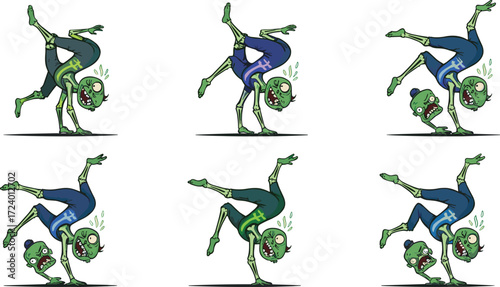 Cartoon zombie doing one-handed handstand in colorful outfits, funny undead character, dynamic pose, Halloween vector for stock content
