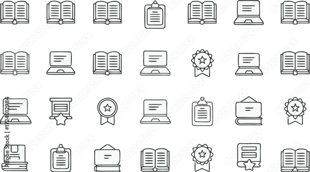 Fototapeta premium Line Icons Collection: Books, Laptops, Certificates, Stars for Education and Achievement Designs