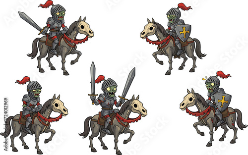 Cartoon zombie knight riding armored horse with sword, shield, and mace in medieval poses for fantasy Halloween vector stock content