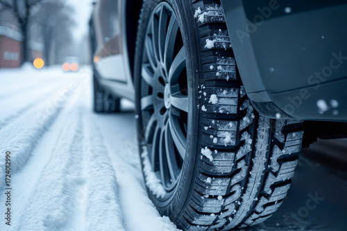 Winter scene showing a close-up of a snow-covered tire on a road with light snowfall in a rural area