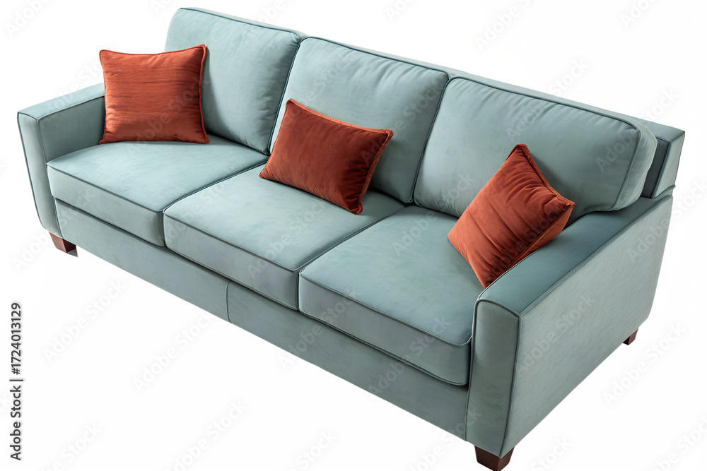 Fototapeta premium Comfortable light blue sofa with three red pillows isolated on transparent background