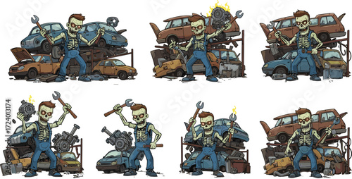 Cartoon zombie mechanics working in junkyards with car wrecks, tools, engine parts, horror workshop theme vector illustration set for Halloween content