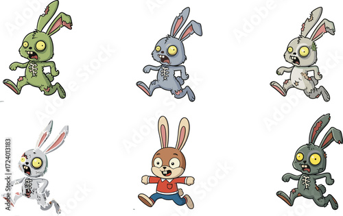 Cartoon zombie rabbits chasing cheerful bunny character in running pose, horror Halloween concept with undead animals and funny contrast design
