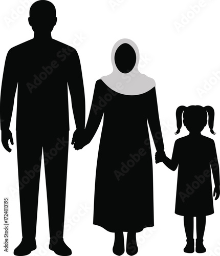 Silhouette of family holding hands with headscarf and child, symbolizing unity, cultural identity, love, diversity, and social connection in black vector style