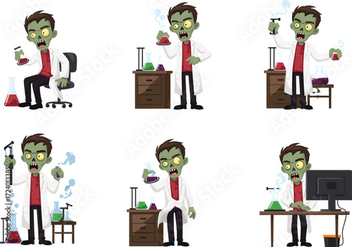 Cartoon zombie scientists in lab coats conducting chemistry experiments with flasks, test tubes, bubbling liquids, horror science vector illustration set