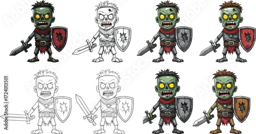 Cartoon zombie warriors with swords and shields — colored and line art vector set for fantasy, horror, and game character design