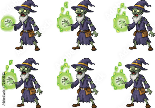 Cartoon zombie wizard casting green magical spells, undead sorcerer in purple robe and hat for spooky Halloween vector content