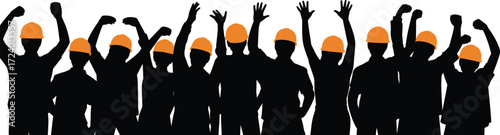 Silhouettes of construction workers raising arms in celebration with orange helmets, symbolizing teamwork, unity, labor pride, and industrial achievement in vector style