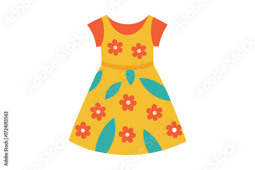 Single yellow dress shows floral pattern and teal leaf accents on white background