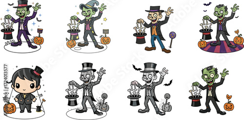 Cartoon zombies and child interacting with crystal balls showing robot scenes, spooky Halloween concept with funny horror and sci-fi elements