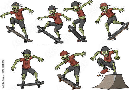 Cartoon zombies performing skateboard tricks in different poses, undead skaters in hats for spooky Halloween vector content and stock use