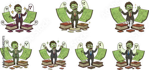 Zombie office worker with spreadsheets and ghost colleagues in business suit, cartoon vector illustration for Halloween, horror, and workplace satire
