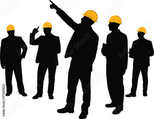 Silhouettes of five construction professionals in discussion with yellow helmets, symbolizing teamwork, planning, safety, and industrial collaboration in black vector style