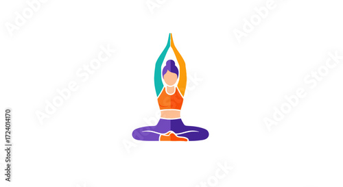 Woman in lotus position practicing yoga with hands raised.