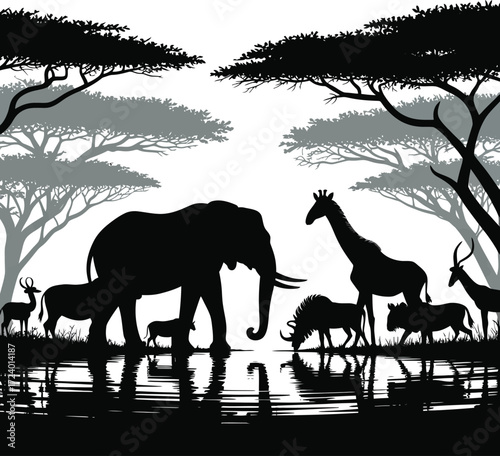 African Wildlife Silhouette Vector Illustration