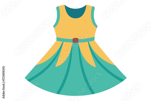 Yellow bodice and teal skirt summer dress with a cute belt is featured