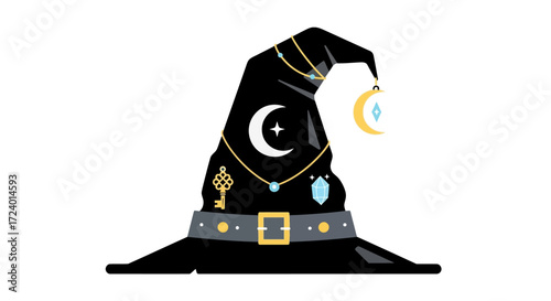 A mystical black witch hat adorned with celestial symbols and magical charms.