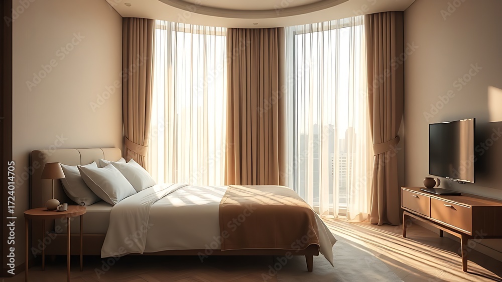 Fototapeta premium Serene hotel bedroom bathed in morning light, featuring minimalist decor and a neatly made bed.