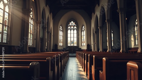 A serene church interior illuminated by stained glass, with empty wooden pews in focus.
