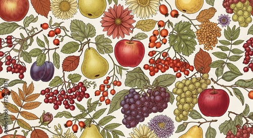 Autumnal bounty seamless pattern with various fruits and flowers design