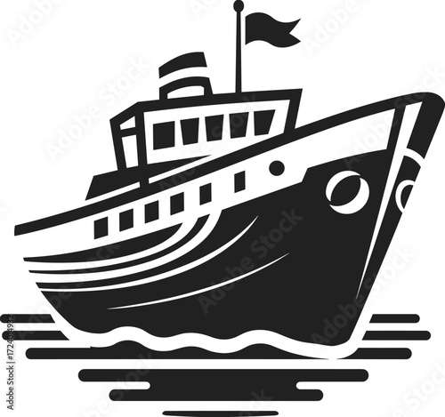 Stylized ship front view with flag and waves, black and white vector design symbolizing travel, nautical strength, marine transport, and logo illustration