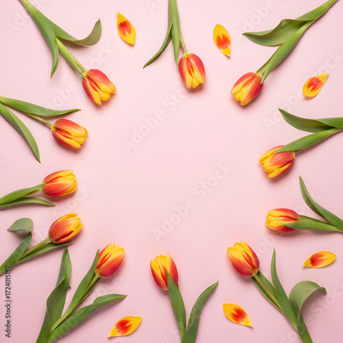 creative layout with red and yellow tulip flowers and leaves on pastel pink background