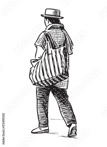 One casual towns man in hat with big bag walking in summer outdoor, realistic sketch, rear view, vector hand drawn illustration isolated on white background