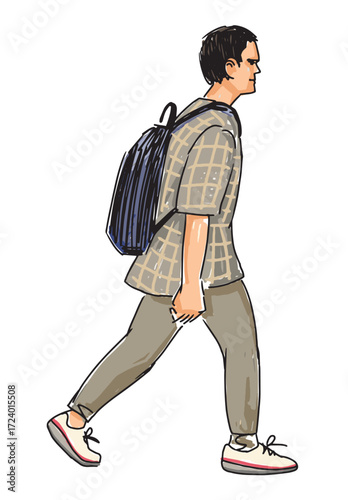 One casual young man student with backpack walking outdoors, profile, sketch, vector hand drawing