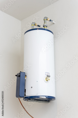 Boiler, White gas water heater in the backyard of a modern home, Guadalajara, jalisco, Mexico, October 2, 2024.