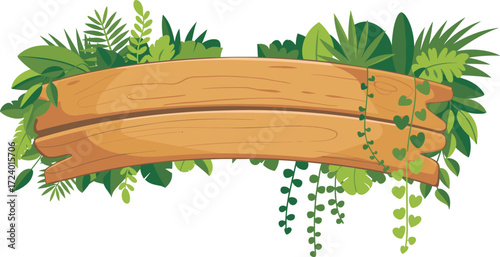 Wooden signboard with curved planks framed by tropical green foliage and vines, symbolizing nature, eco-friendly signage, outdoor decor, and environmental themes