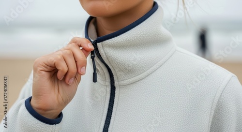 Young caucasian woman zipping up her jacket on a breezy beach day