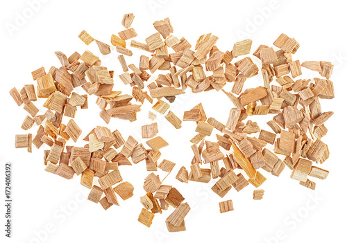 Wooden chips for smoking meat and fish isolated on a white background, top view.Chips for smoking or recycling.