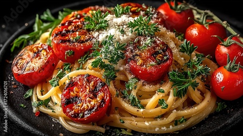 Spaghetti with Tomato Sauce and Parmesan on Dark Background, Top View, Copy Space for Menu Design