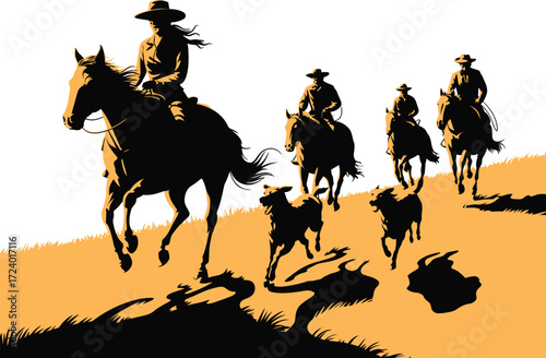 Cowboys on Horses Vector Illustration Isolated Black Art