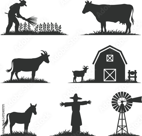 Farm Silhouettes Vector Illustration Isolated Black Art