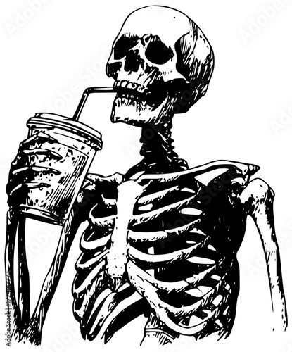 A skeleton drinks a drink from a straw
