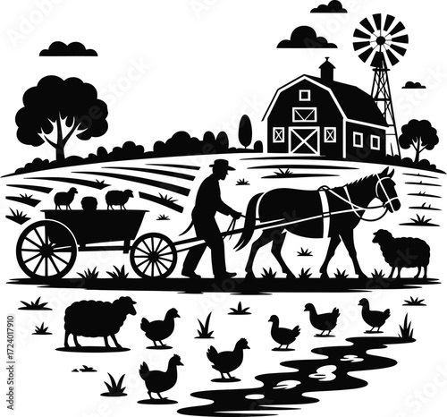 Farm Life Illustration Vector Isolated Black Art Scene