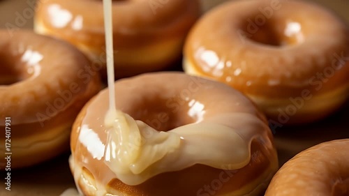 Pouring Icing on Fresh Donuts in Kitchen Close-up