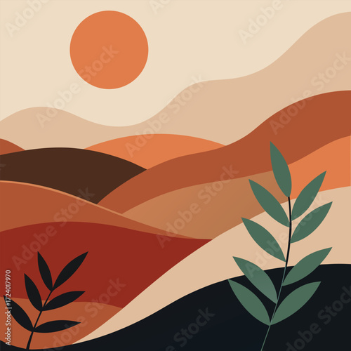Abstract landscape with rolling hills and a warm sun