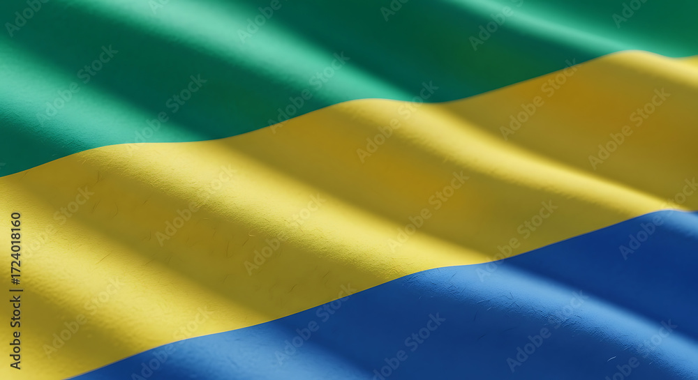 Obraz premium Closeup shot of the national flag of gabon waving in the wind, showcasing the vibrant green, yellow, and blue horizontal stripes, symbolizing the countrys rich history and national identity