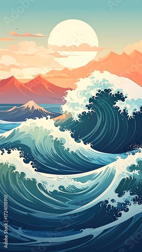 Colorful, stylized waves crashing against mountains at sunset