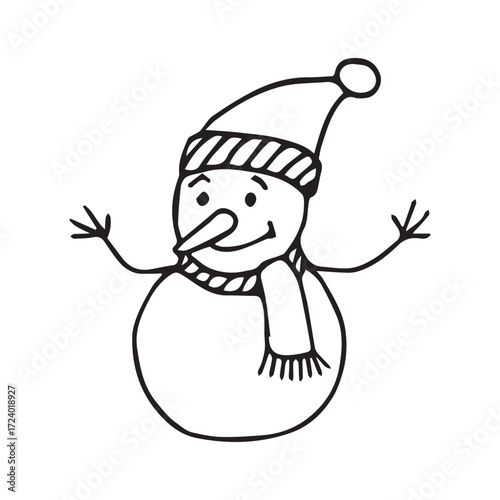 cheerful snowman line drawing in playful hand-drawn style black and white illustration. Vector hand drawn illustration for postcards, logo, stikers, polygraphy and social media. 