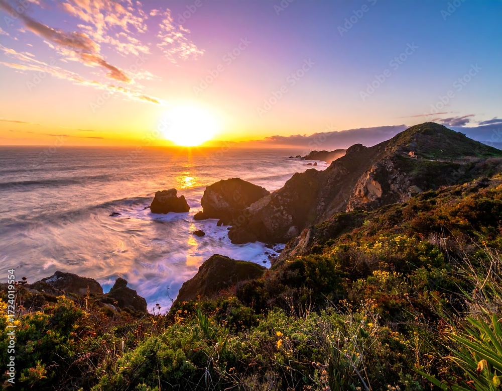 Naklejka premium Coastal sunset over rugged cliffs