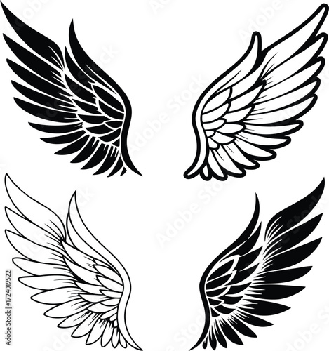 Collection of four distinct hand drawn angel wing illustrations in black and white offering a variety of styles for creative design elements