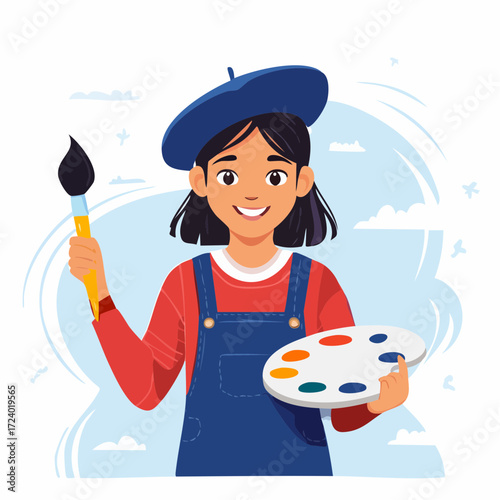 Creative girl character with beret hat, paint palette and brush, colorful flat vector art