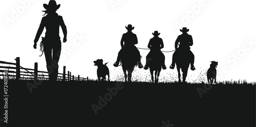 Cowboy Border Illustration Isolated Art Vector Black Silhouette Herding Design