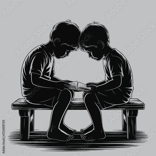 Brothers Illustration Isolated Art Vector Black Silhouette Reading Design