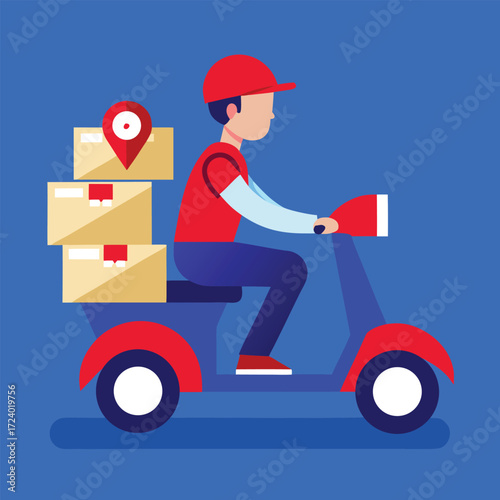 A cheerful delivery person wearing a red cap and uniform rides a blue scooter with stacked packages and a location pin symbolizing fast and efficient shipping services