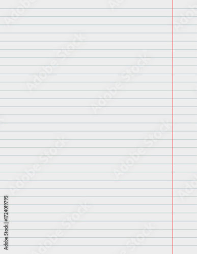 Notebook sheet in a line with red margins. Vector design template paper.